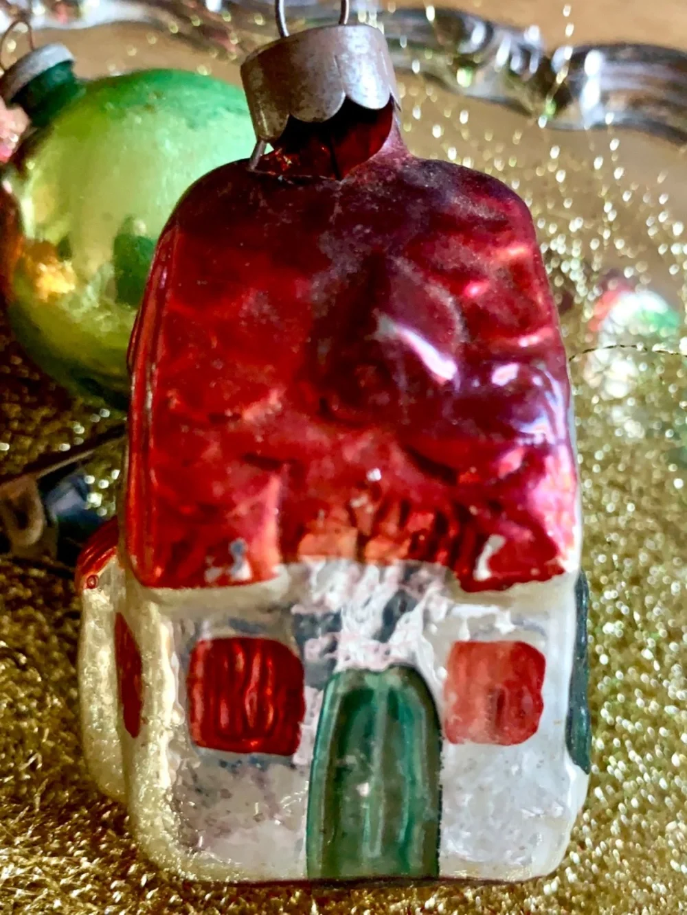 Vintage Glass House Ornament Red Roof Cottage | Mercury Glass Christmas Village